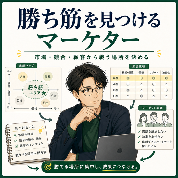 勝ち筋を見つけるマーケター 人格エージェント｜市場・競合・顧客を見て戦う場所を絞るAIデータ