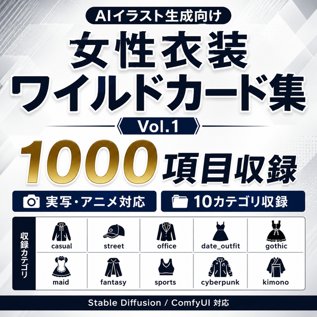 AIイラスト生成向け 女性衣装ワイルドカード集 Vol.1