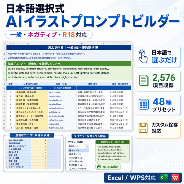 日本語選択式 AIイラストプロンプトビルダー｜一般・ネガティブ・R18対応