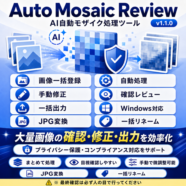 【大量画像対応】AI自動モザイク処理ツール｜確認・手動修正・JPG出力・一括リネームまで対応
