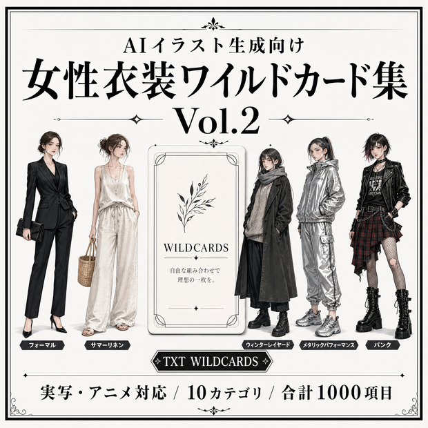 AIイラスト生成向け 女性衣装ワイルドカード集 Vol.2