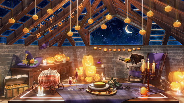 【動く配信背景 無料版あり】ハロウィーン ロフト ログ キャビン