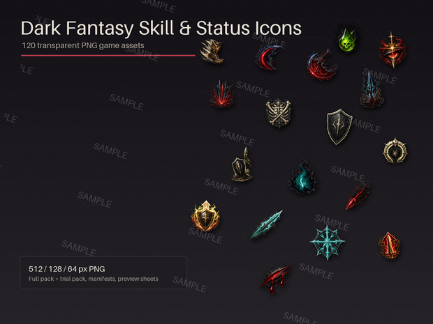 ダークファンタジー スキル＆ステータスアイコン素材集 120種 / Dark Fantasy Skill & Status Icons