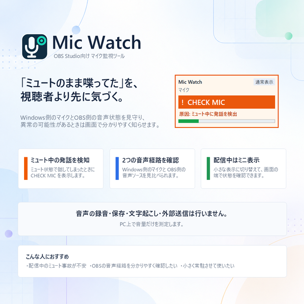 Mic Watch｜OBS Studio向けマイク監視・ミュート事故チェックツール