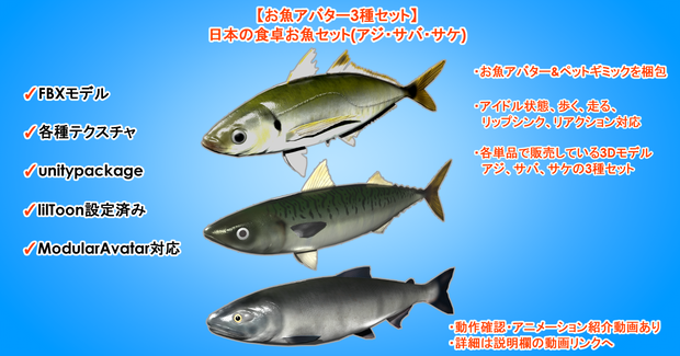 【お魚アバター3種セット】日本の食卓お魚セット(アジ・サバ・サケ)
