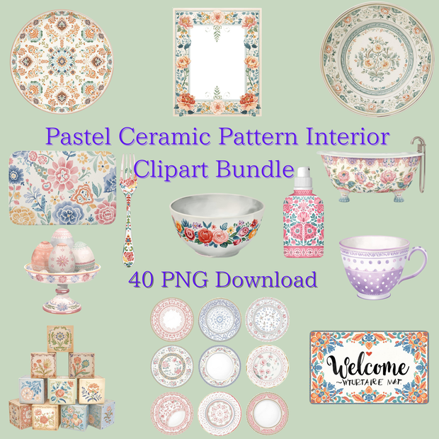 Pastel Ceramic Pattern Interior Clipart Bundle-パステル陶器柄インテリア クリップアート40点セット-
