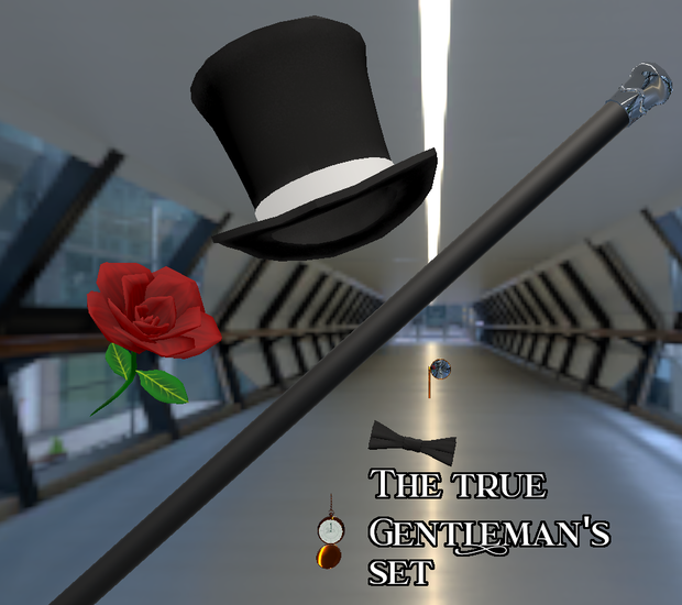 Gentleman's Set: Cane, Monocle, Rose, Top Hat, Pocket Watch, Bowtie