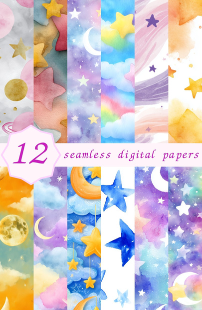 レインボー×パステル 雲と星と月のシームレスパターン12種｜Pastel Celestial Vol.1 Cotton Candy Sky