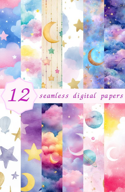 サンセットピンク×ゴールドの星と月柄12種｜Pastel Celestial Vol.3 Pastel Twilight