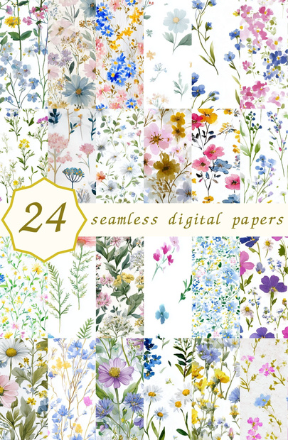 青×ピンクの野花メドウ柄24種│CottageMeadow Vol.1 SkyBlush