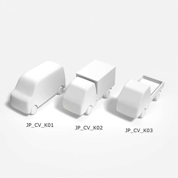 建築模型用 添景3Dデータ：軽商用車3台セット（Pack 01） 3D Staffage Data for Architectural Scale Models: Light Commercial Vehicles 3-Piece Set (Pack 01)