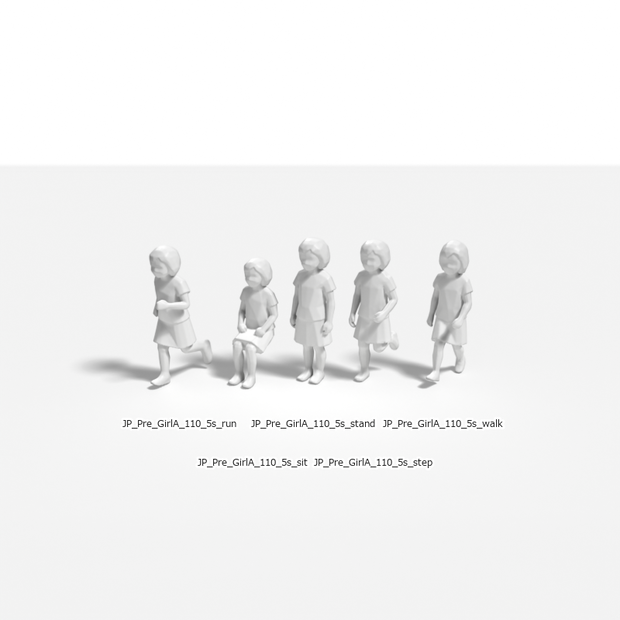 建築模型用 添景3Dデータ（1/50）：未就学女児A（5ポーズセット） 1/50 Scale 3D Staffage Data for Architectural Scale Models: Preschool Girl A (Set of 5 Poses)