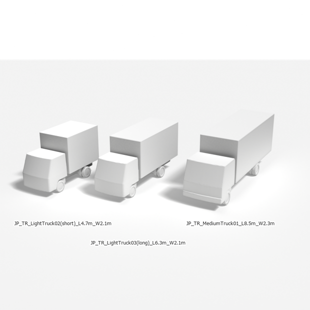 建築模型用 添景3Dデータ：物流トラック3台セット（Pack 01） 3D Staffage Data for Architectural Scale Models:Logistics Trucks 3-Piece Set (Pack 01)