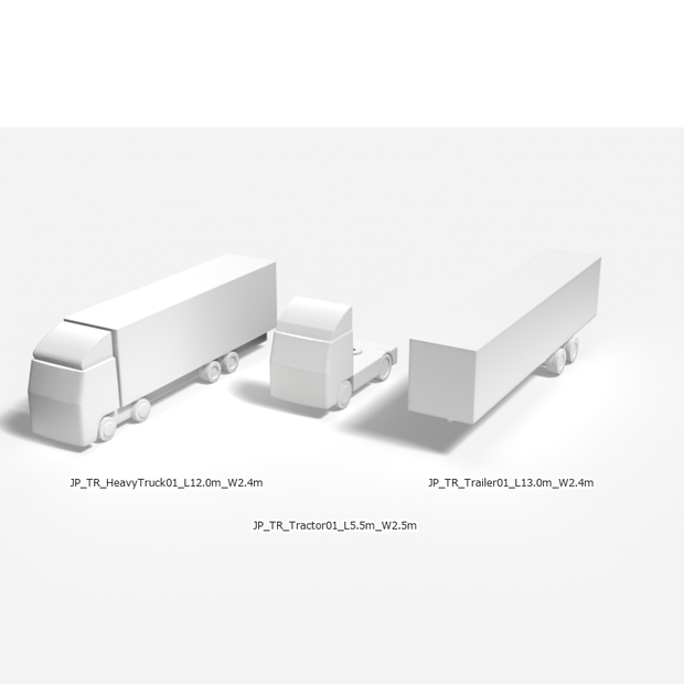 建築模型用 添景3Dデータ：物流トラック3台セット（Pack 02） 3D Staffage Data for Architectural Scale Models: Logistics Trucks 3-Piece Set (Pack 02)