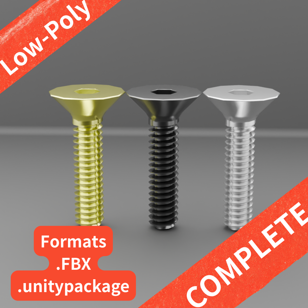 【Unity対応/マテリアル設定済み 3色】六角皿ボルト・ナット総合パック M3-M6（座金同梱） / [Low-Poly]Socket Countersunk  Bolt & Nut complete Pack (Unitypackage/FBX)