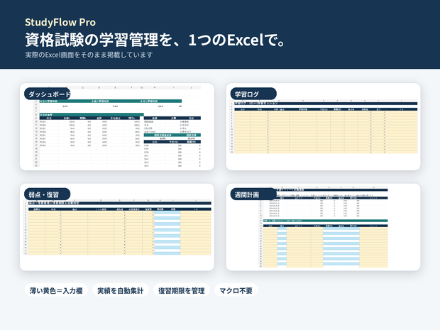 【Excel】StudyFlow Pro｜資格試験 学習管理テンプレート｜勉強時間・進捗・弱点復習・週間計画