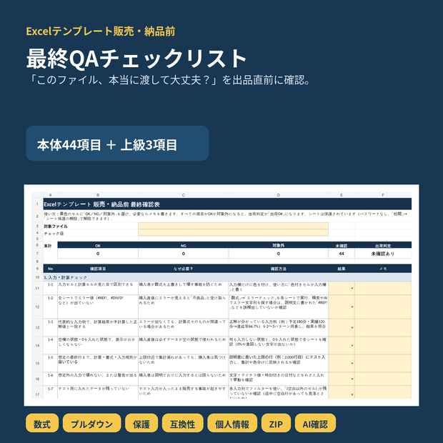 【Excel】テンプレート販売・納品前 最終QAチェックリスト｜44項目＋上級3項目