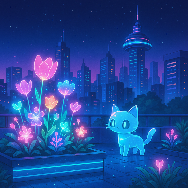 ネオンフラワーとロボット猫の夜 – Neon Flowers & Robo Cat Night　4枚セット