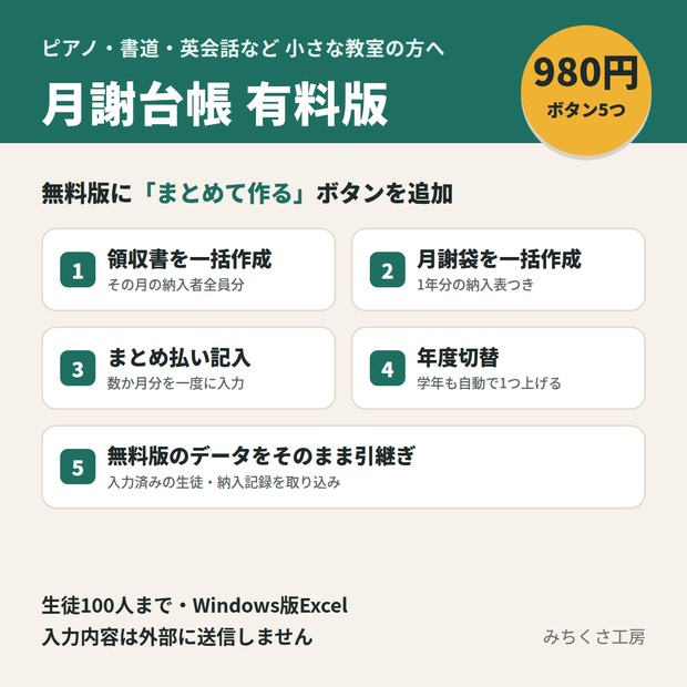 個人教室の月謝台帳 有料版｜領収書・月謝袋の一括作成、まとめ払い、年度切替（Excel・生徒100人まで）