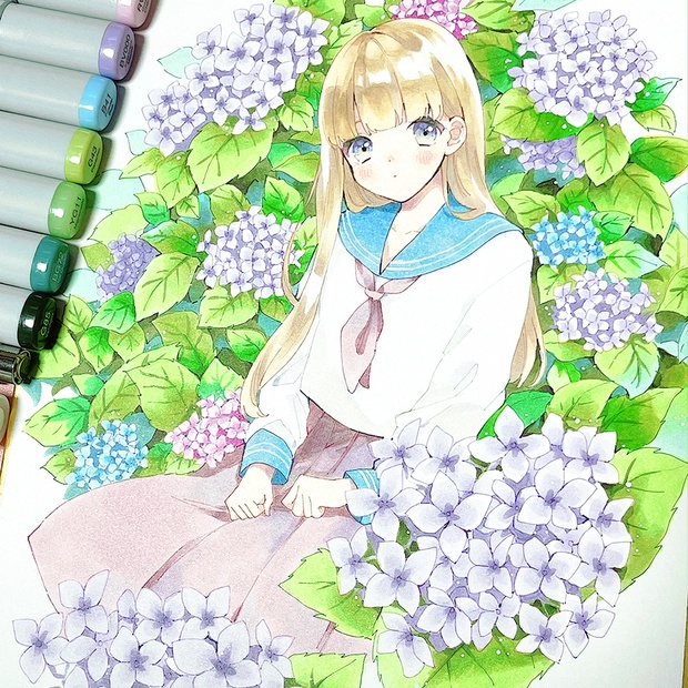 【中色紙原画】あじさい💠☔