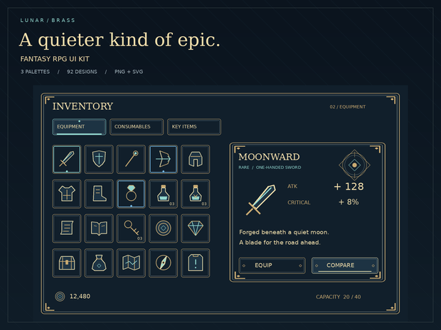 LUNAR / BRASS｜月光と真鍮のRPG UI素材集｜3配色・透過PNG・編集用SVG