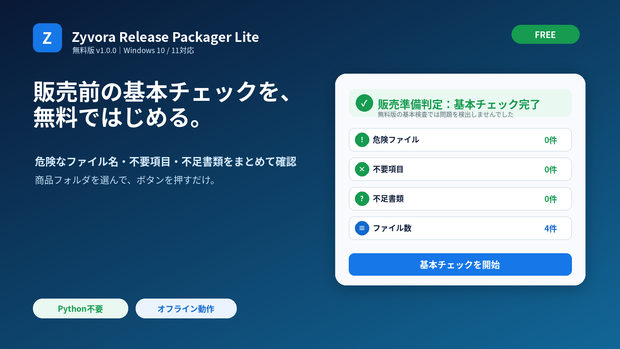 Zyvora Release Packager Lite｜販売前の基本チェックを無料で