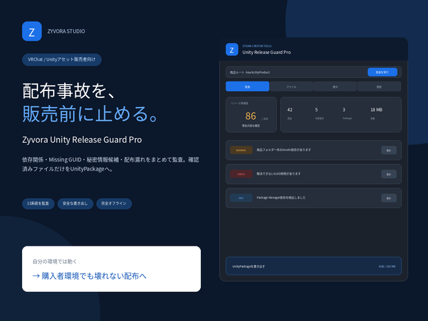 【VRChat/Unityアセット販売者向け】依存関係・参照切れ・配布事故を販売前チェック｜Zyvora Unity Release Guard Pro