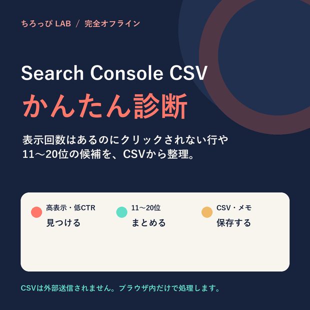 Search Console CSV かんたん診断｜高表示・低CTRと11〜20位をオフライン整理