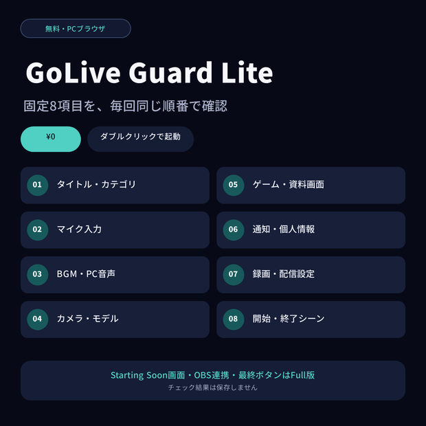 【無料・PCブラウザ用】GoLive Guard Lite｜配信前8項目チェックリスト