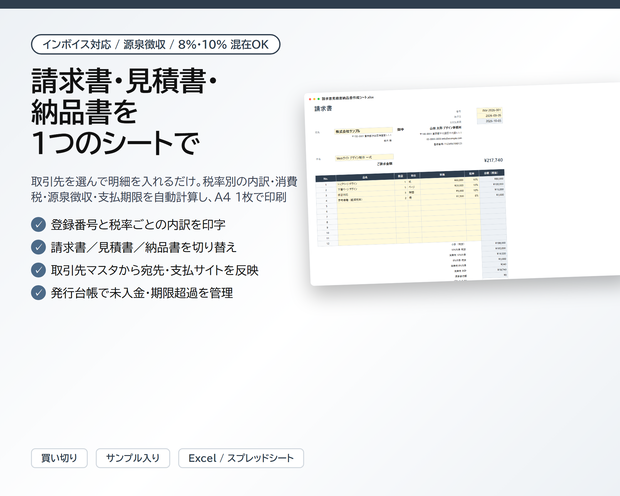 請求書・見積書・納品書 作成シート｜インボイス対応（登録番号・税率別内訳）、源泉徴収・8%混在・取引先マスタ・発行台帳つき【Excel/スプレッドシート】