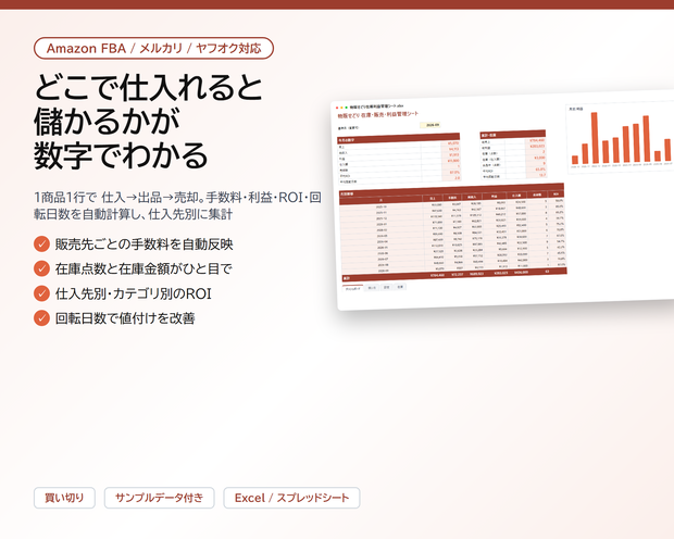 物販せどり 在庫・販売・利益管理シート｜Amazon FBA・メルカリ・ヤフオク対応、ROI・回転日数・仕入先別の利益を自動集計【Excel/スプレッドシート】