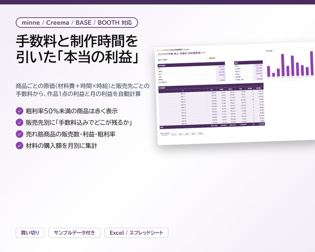 ハンドメイド作家向け 売上・手数料・材料費管理シート｜minne・Creema・BASE・BOOTHの手数料と制作時間を引いた本当の利益、値付けの目安つき【Excel/スプレッドシート】