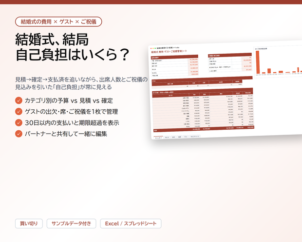 結婚式 費用・ゲスト・ご祝儀管理シート｜見積→確定→支払済、出席人数とご祝儀を引いた自己負担が自動計算【Excel/スプレッドシート・共有可】