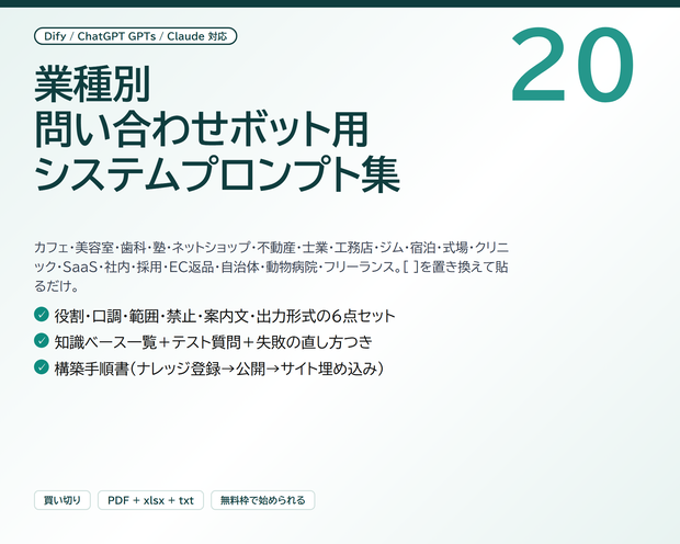 業種別 問い合わせボット用 システムプロンプト集20＋構築手順書｜Dify / ChatGPT GPTs / Claude 対応、[ ]を置き換えて貼るだけ（PDF＋xlsx＋txt）