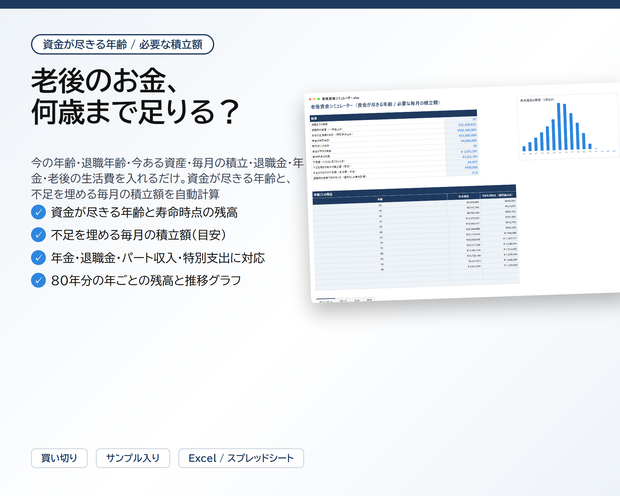 老後資金シミュレーター｜資金が尽きる年齢と、不足を埋める毎月の積立額を自動計算。年金・退職金・パート収入に対応【Excel/スプレッドシート】