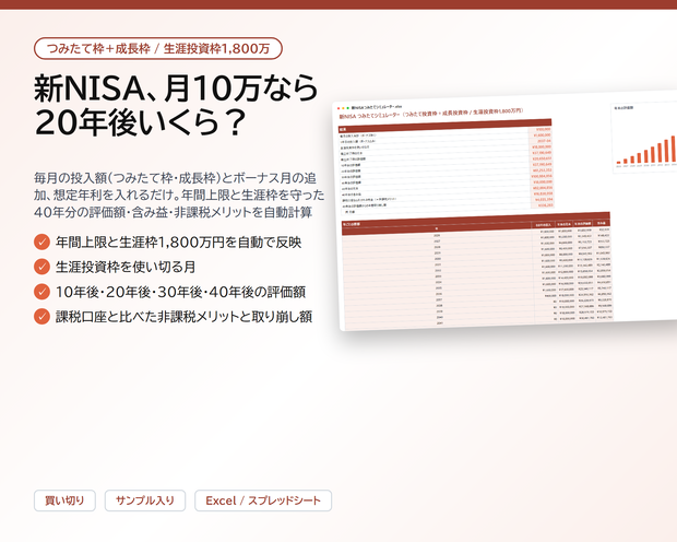 新NISA つみたてシミュレーター｜つみたて投資枠・成長投資枠の年間上限と生涯投資枠1,800万円を自動で反映、40年分の評価額と非課税メリットを計算【Excel/スプレッドシート】