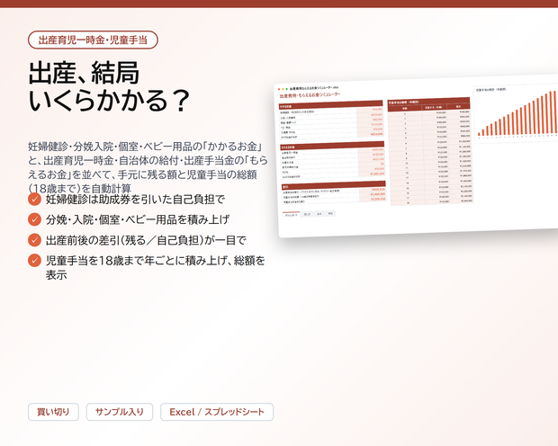 出産費用・もらえるお金シミュレーター｜妊婦健診・分娩入院・個室・ベビー用品の費用と、出産育児一時金・自治体の給付・出産手当金を並べて手元に残る額を計算、児童手当の18歳までの総額つき【Excel/スプレッドシート】