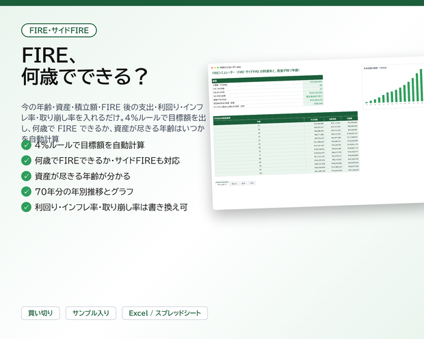 FIREシミュレーター｜4%ルールでFIRE・サイドFIREが何歳でできるかを自動計算、資産が尽きる年齢まで分かる【Excel/スプレッドシート】
