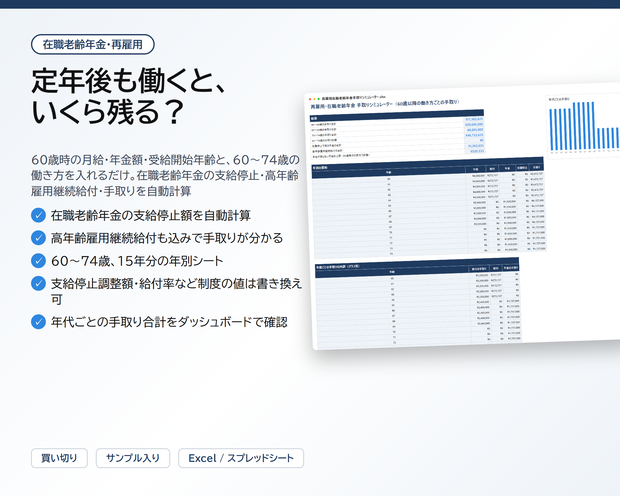 在職老齢年金・再雇用 手取りシミュレーター｜60歳以降の働き方ごとに在職老齢年金の支給停止・高年齢雇用継続給付・手取りを自動計算【Excel/スプレッドシート】