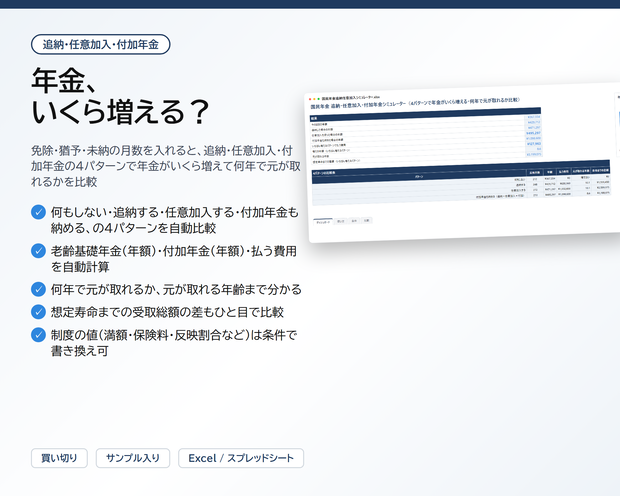 国民年金 追納・任意加入・付加年金シミュレーター｜免除・猶予・未納の月数から4パターンで年金がいくら増える、何年で元が取れるかが分かる目安【Excel/スプレッドシート】