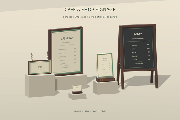 【無料 / Free】【VRChat】CAFE SIGNAGE｜カフェ・ショップ看板5種｜Editable Menu & Sign Props