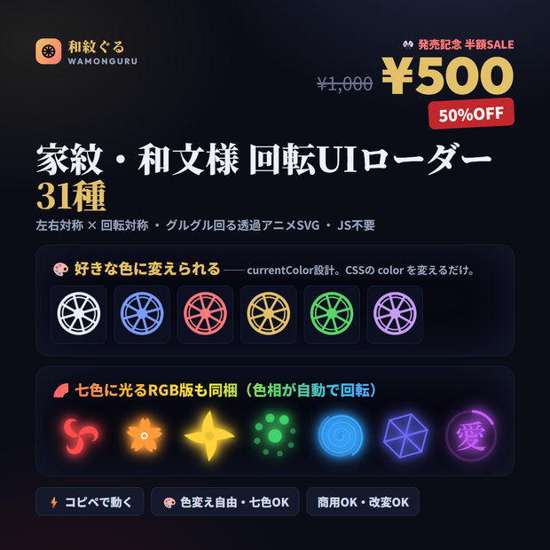 家紋・和文様 回転UIローダー 31種 wamonguru【貼るだけで回る・currentColor/和5色/七色RGB・商用OK】