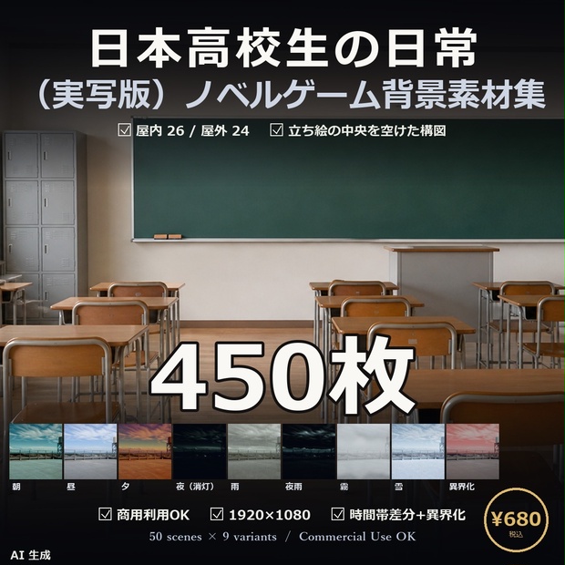 【ノベルゲーム背景】現代日本高校生の日常 背景素材集 実写版 50シーン×9差分 450枚【VN・商用利用可・AI生成】