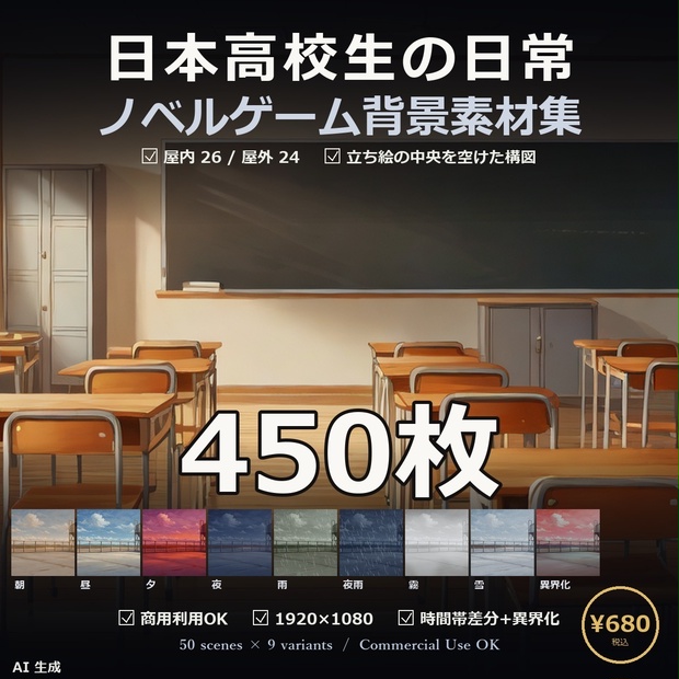 【ノベルゲーム背景】現代日本高校生の日常 背景素材集 アニメ版 50シーン×9差分 450枚【VN・商用利用可・AI生成】