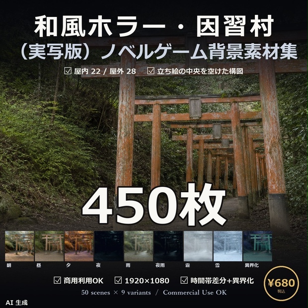 【ノベルゲーム背景】和風ホラー・因習村 背景素材集 実写版 50シーン×9差分 450枚【1920×1080・商用利用可・AI生成】