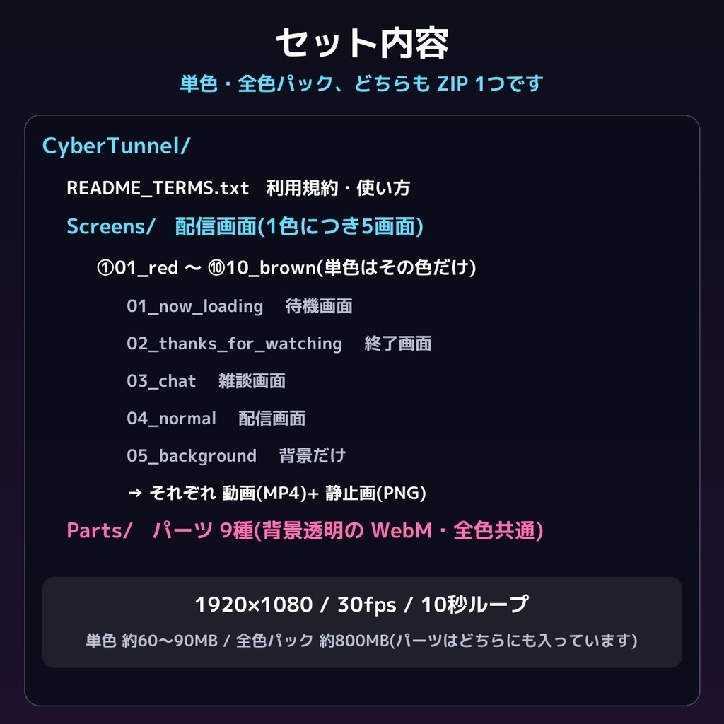 【配信画面セット】動く光のトンネル サイバー背景(10色・待機/終了/雑談/配信画面・パーツ9種・OBS向け)