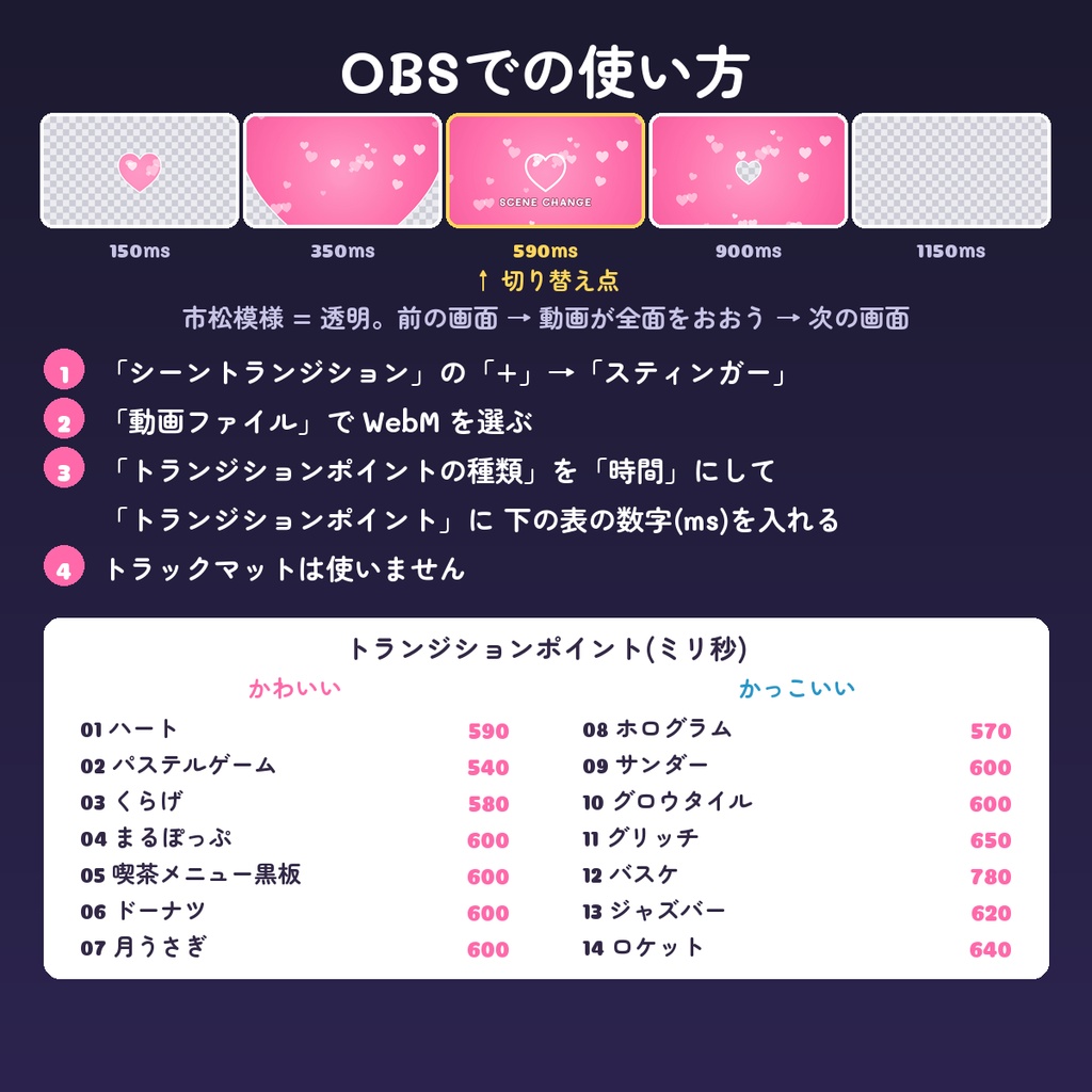 【OBS スティンガー】シーン切り替え動画 14デザイン×4色(文字あり・なし・背景透過WebM・配信用トランジション)