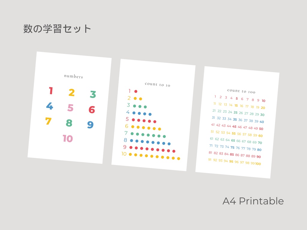 数の学習ポスターセット(1〜10・ドット・100表)A4 PDF