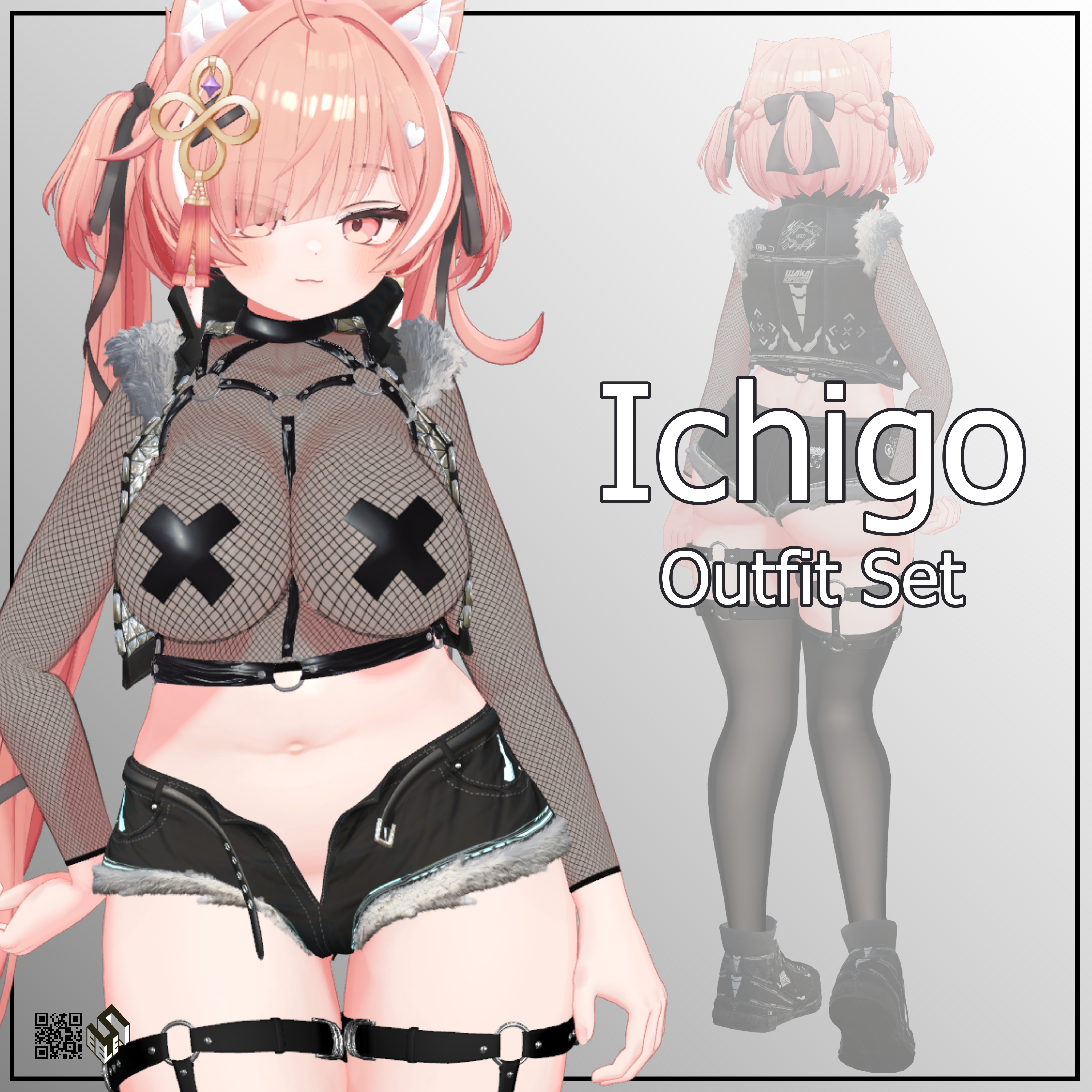 【イチゴ用】メッシュシャツ/ シンプルトレンカ/ ベスト・ノイ/ スニーカー・フェアラウフェン/ シンプルガーター/ ホットパンツ・シュテルン - Fishnet Shirt/ Simple Garter /Hot Pants -Stern-/ Sneakers -Verlaufen-/ Vest -Neu-/ Simple Stirrups - For Ichigo