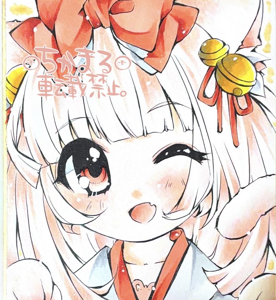 オリジナル手描きイラスト　猫　にゃんこさん４　巫女　ミニ色紙(1/4色紙)